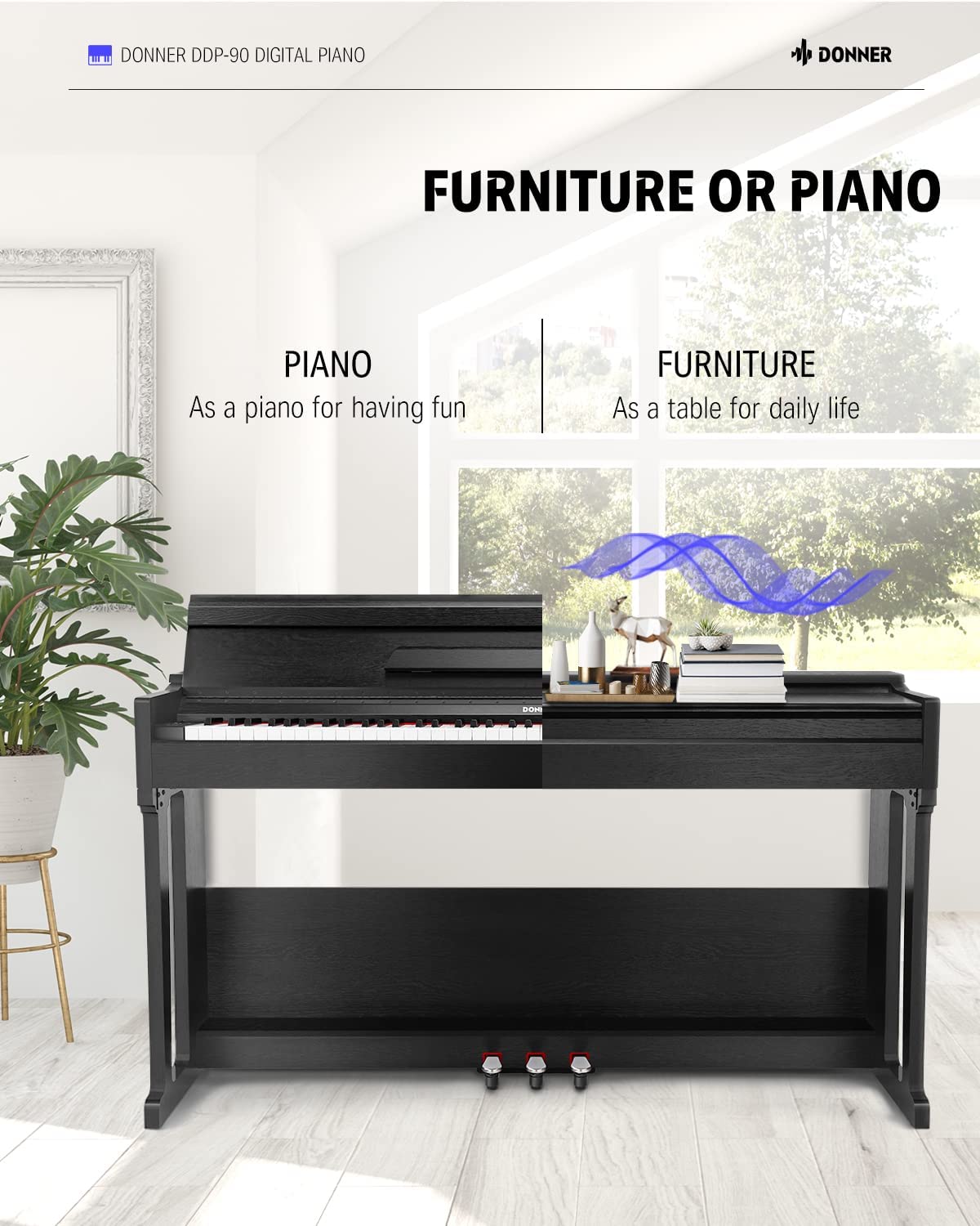 Donner DDP-90 Upright Digital Piano 88-Key Weighted Black and Flip Cover Design